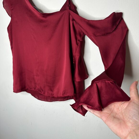 Revolve Lovers + Friends Deep Red Ruffled Flowy One-Sleeve Shoulder Blouse L - Picture 8 of 11